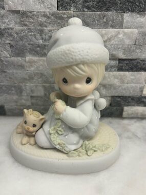 Precious Moments Porcelain Figurine in Soft Gray and Cream with Kitten